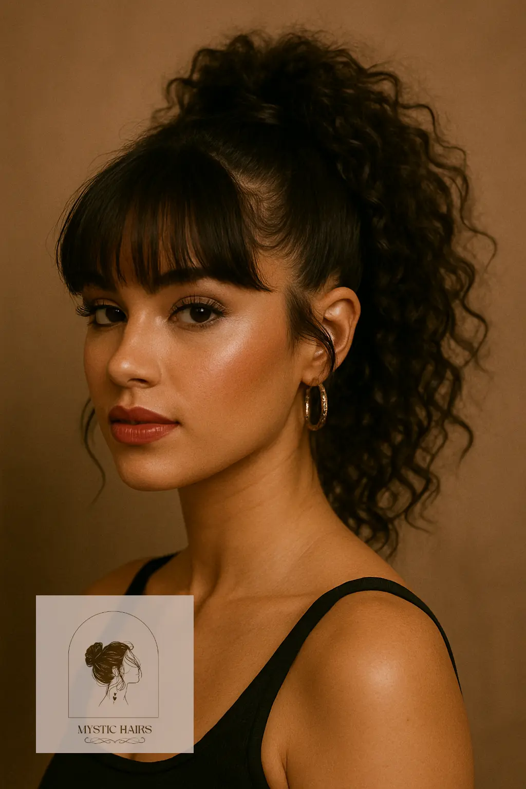 Curly High Ponytail with Bangs