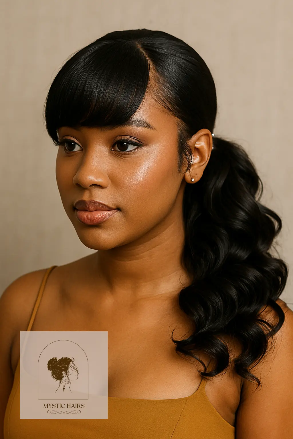 Low Curled Pony with Side Bangs