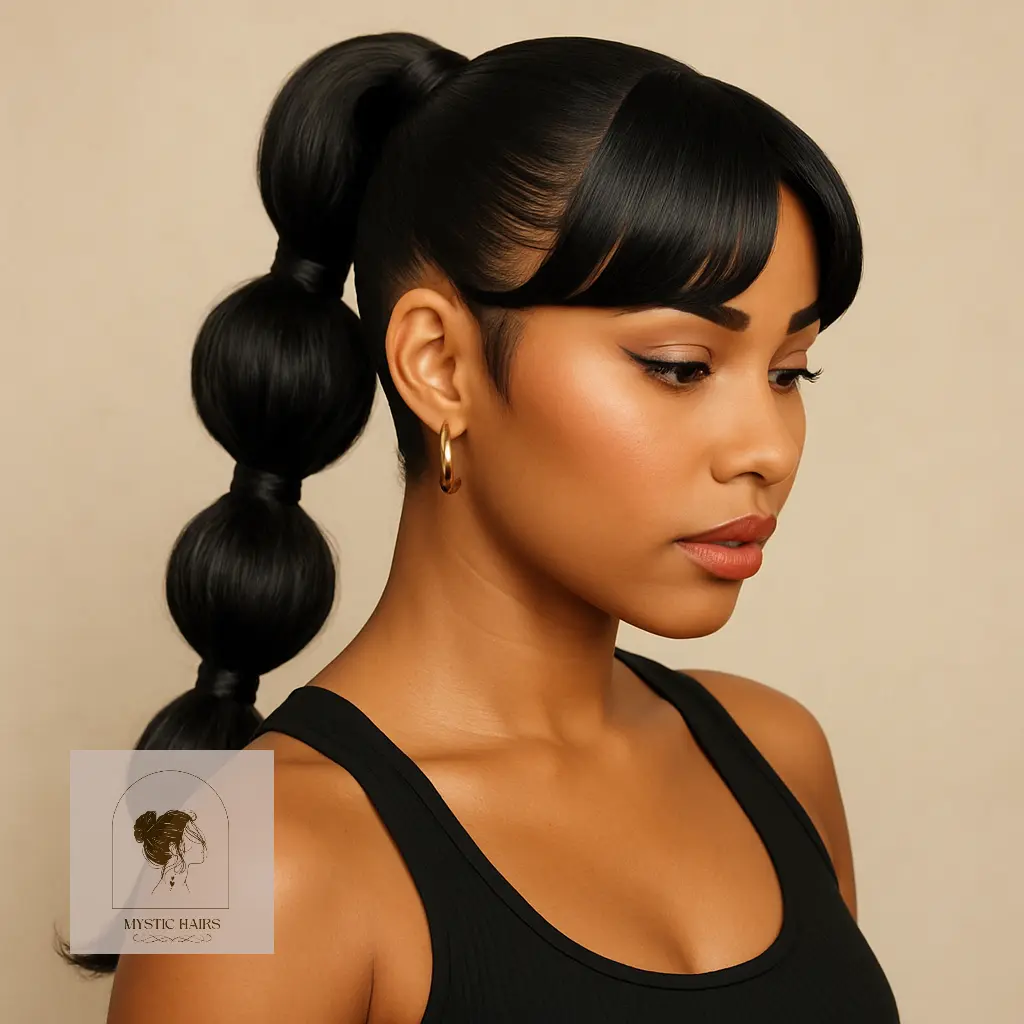 Wrapped Bubble Ponytail with Curved Bangs