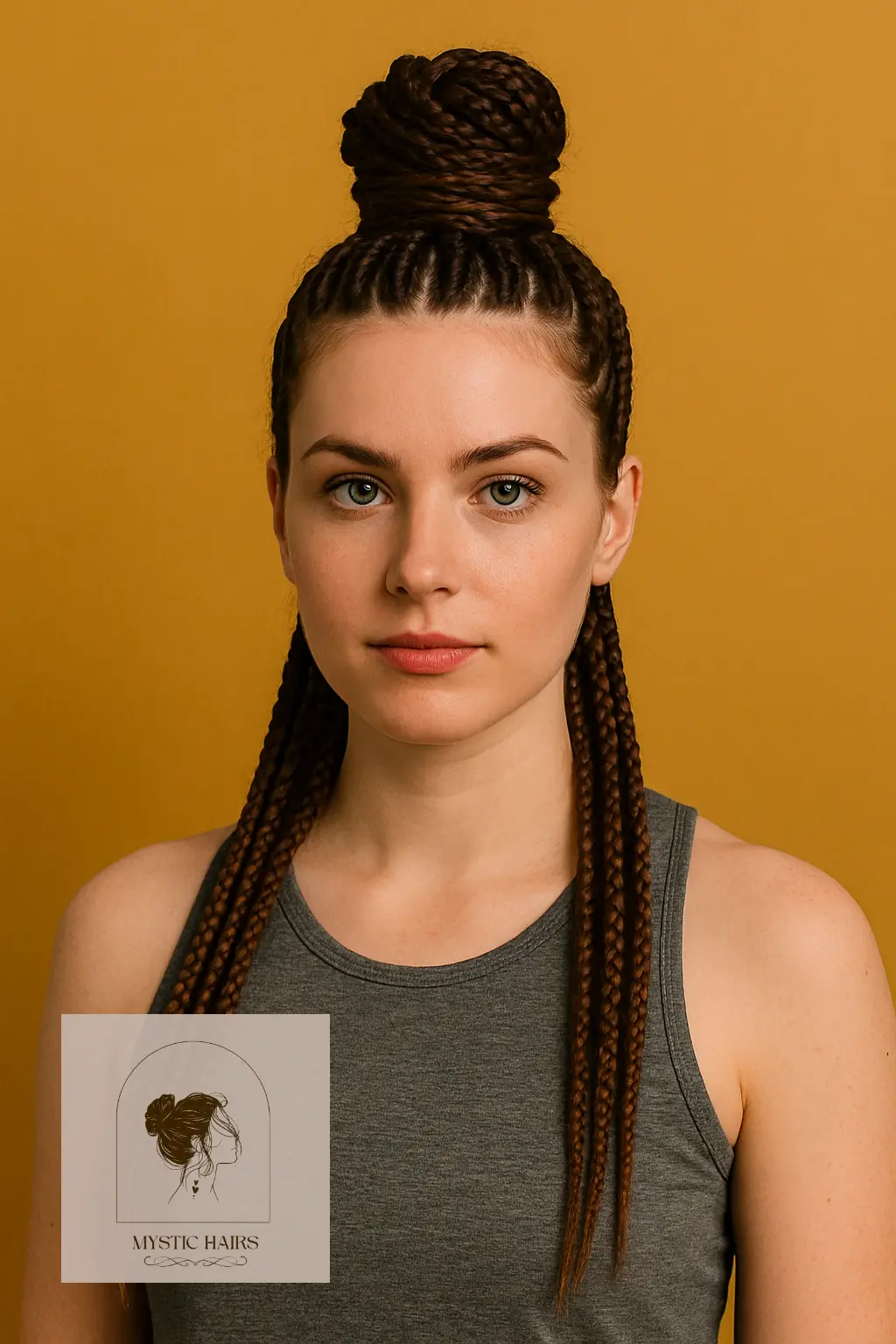 Box Braids Pulled into Top Knot