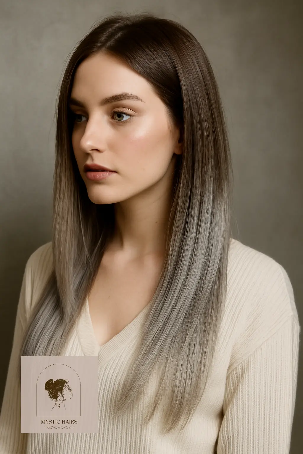 Cool-Toned Brown with Root Shadow and Silver Ends