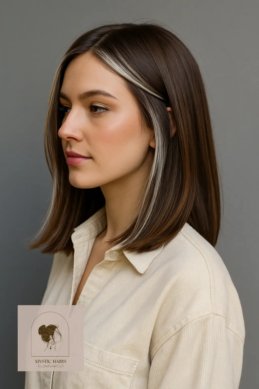 Face-Framing Silver Strips on Mocha Hair