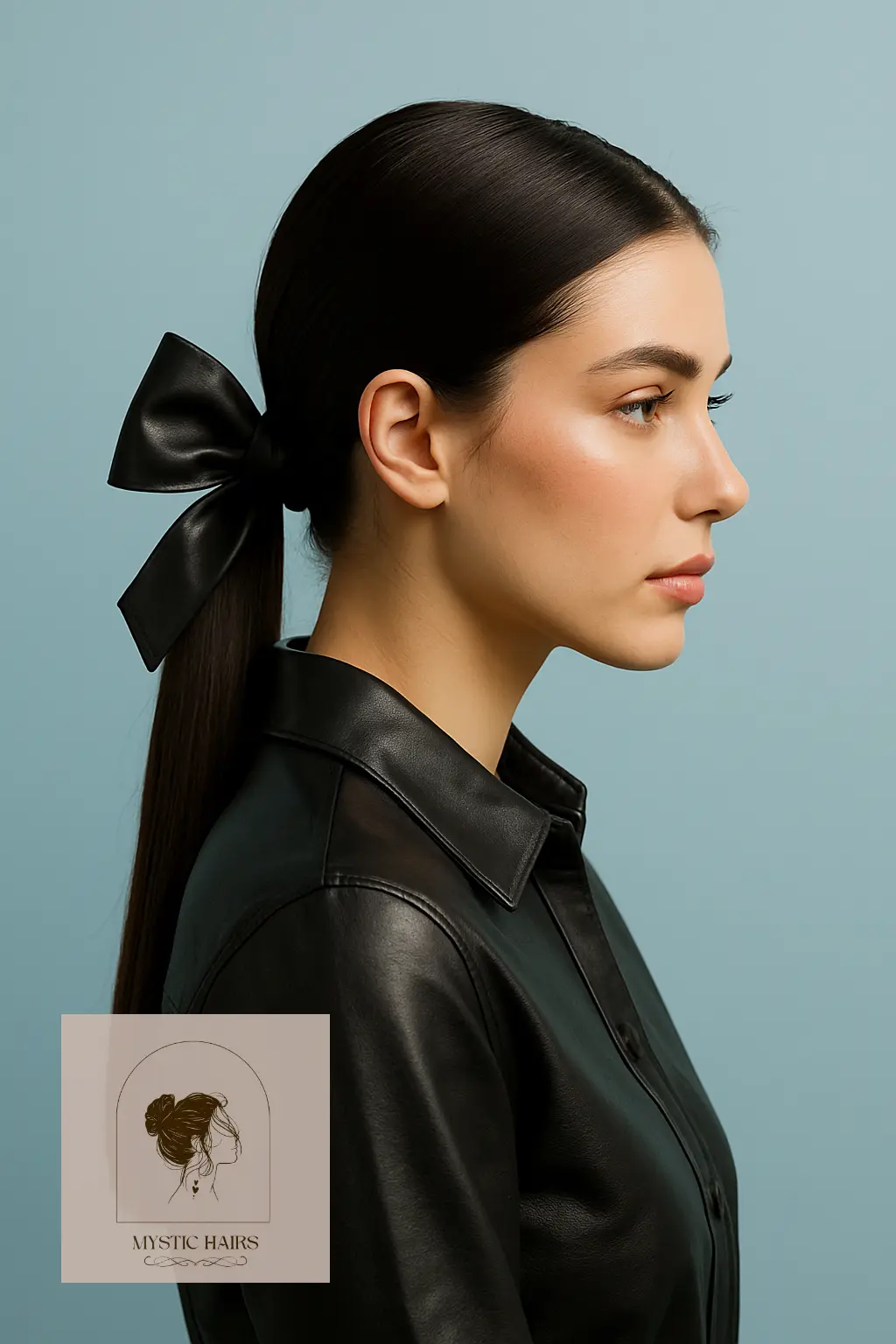 Sleek Low Ponytail with Leather Bow