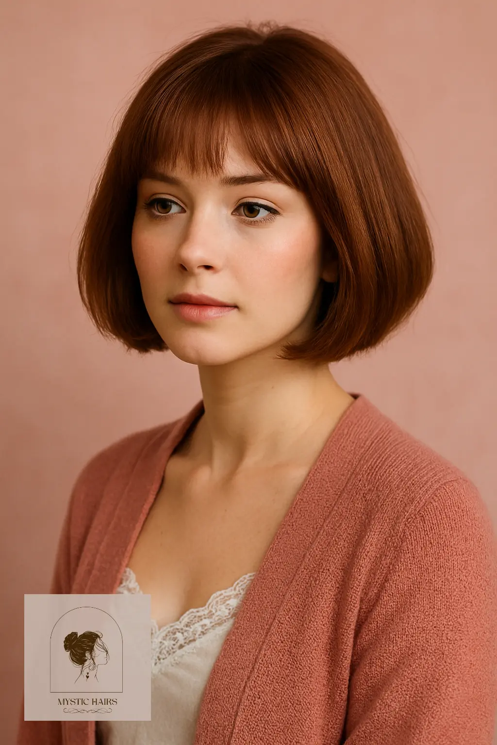 Soft Auburn Brown Bob with Bangs